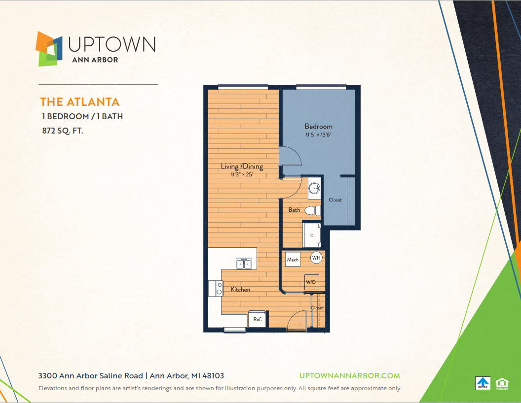 Floor plan for 1 bed, 1 bath, 873 sqft